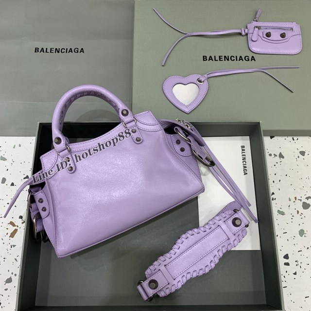 Balenciaga專櫃爆款油蠟紫色銀扣手提女包 638515 巴黎世家Neo cagole機車包 fyj2004